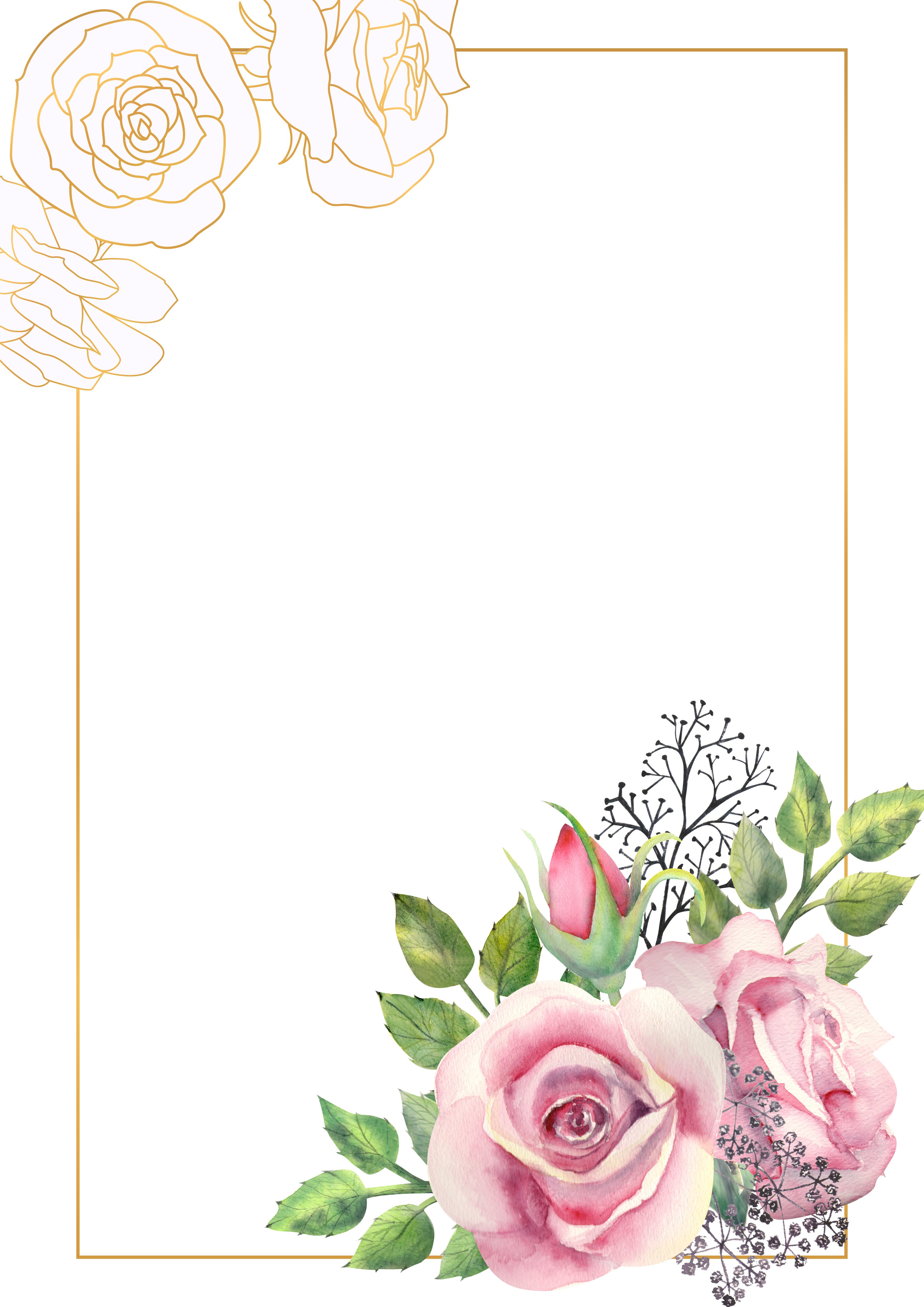 Geometric gold frames with pink rose flowers.