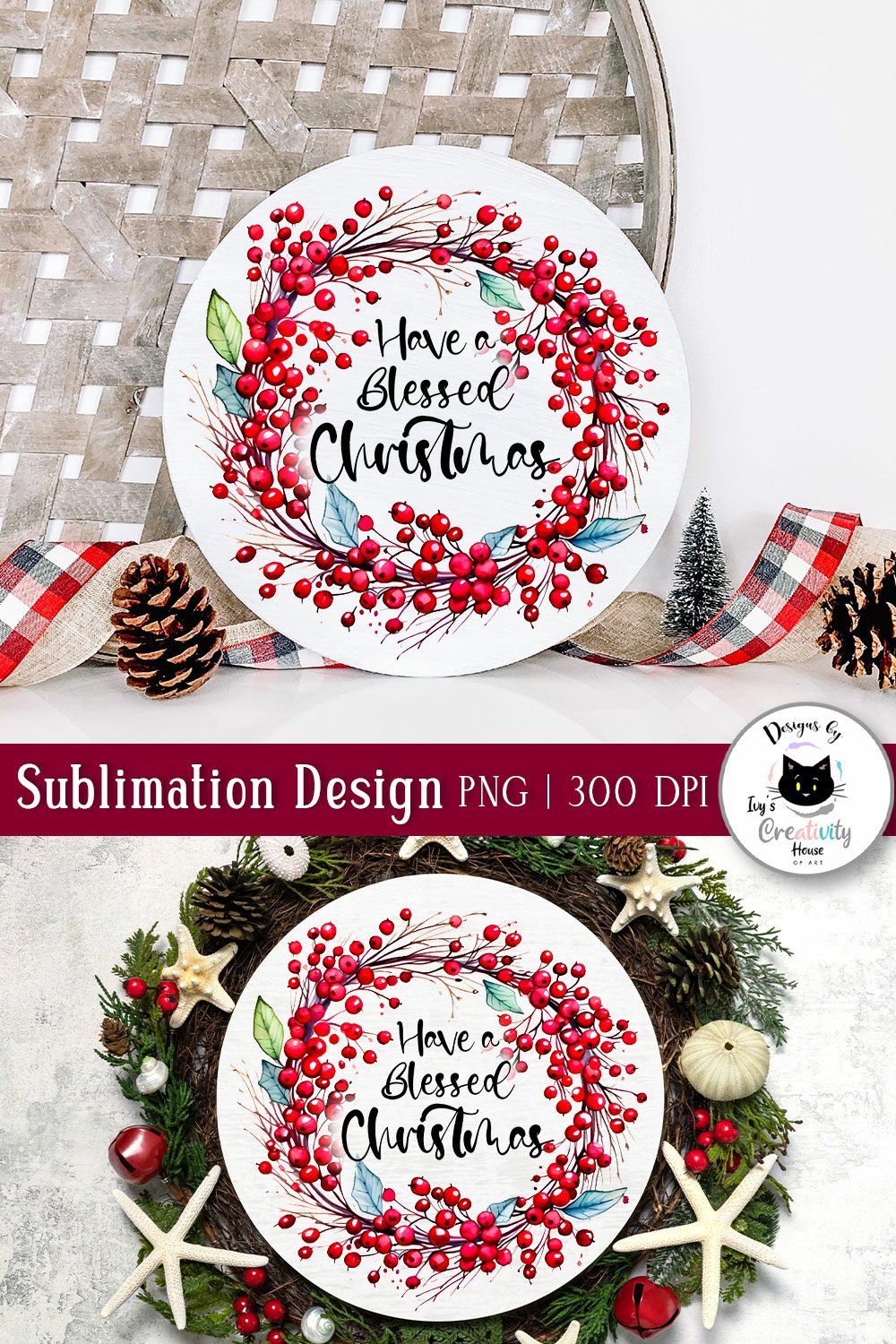 Red Berry Winter Wreath PNG | Round Christmas Door Sign
