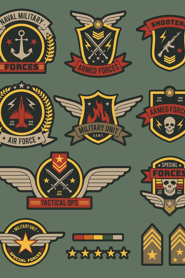 Military army badges. Patches, soldier chevrons with