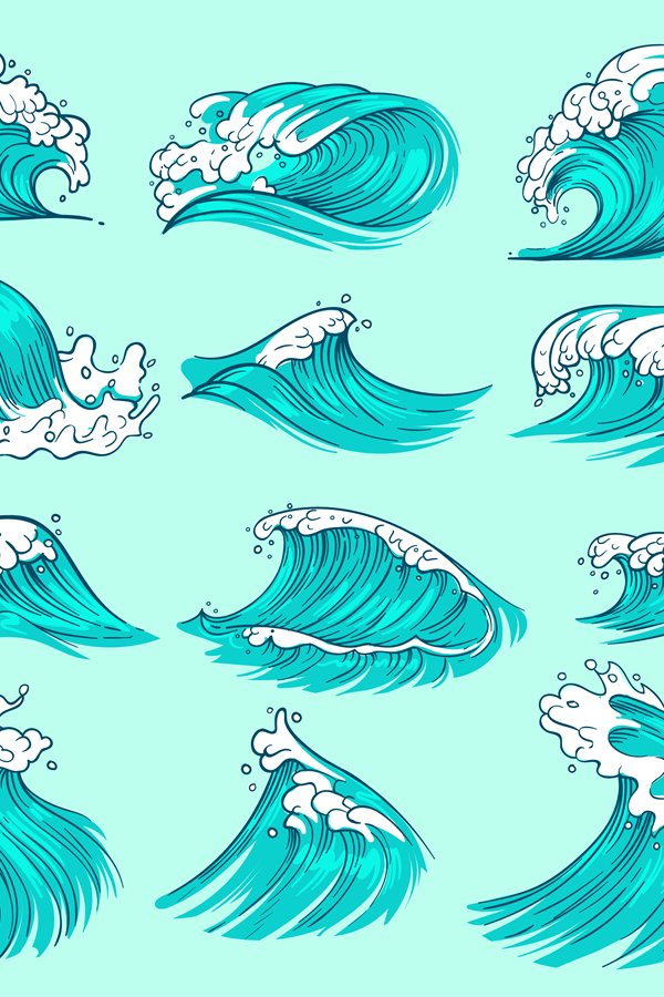 Vintage hand drawn sea blue waves with splashes. Ocean storm