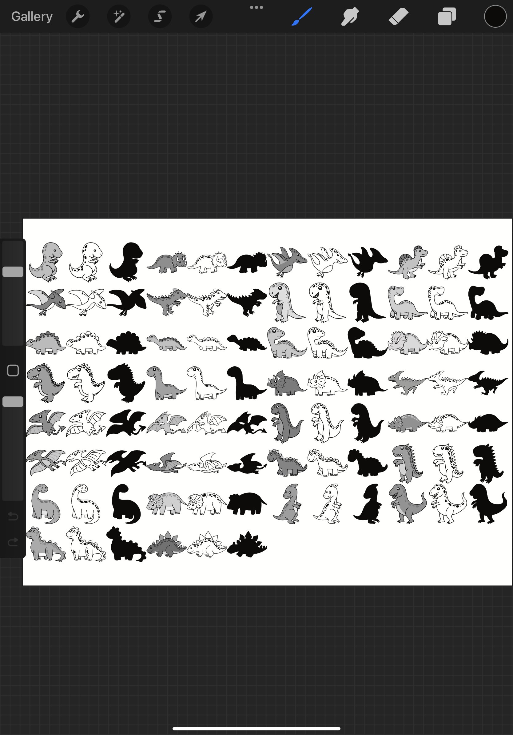 Cartoon Dinosaurs, Outlines and Silhouette Set 1 Procreate