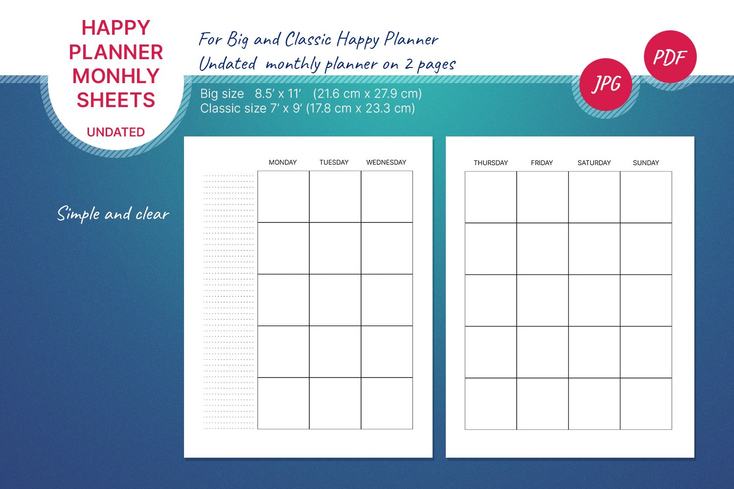 Undated monthly planner's sheets for Happy planner