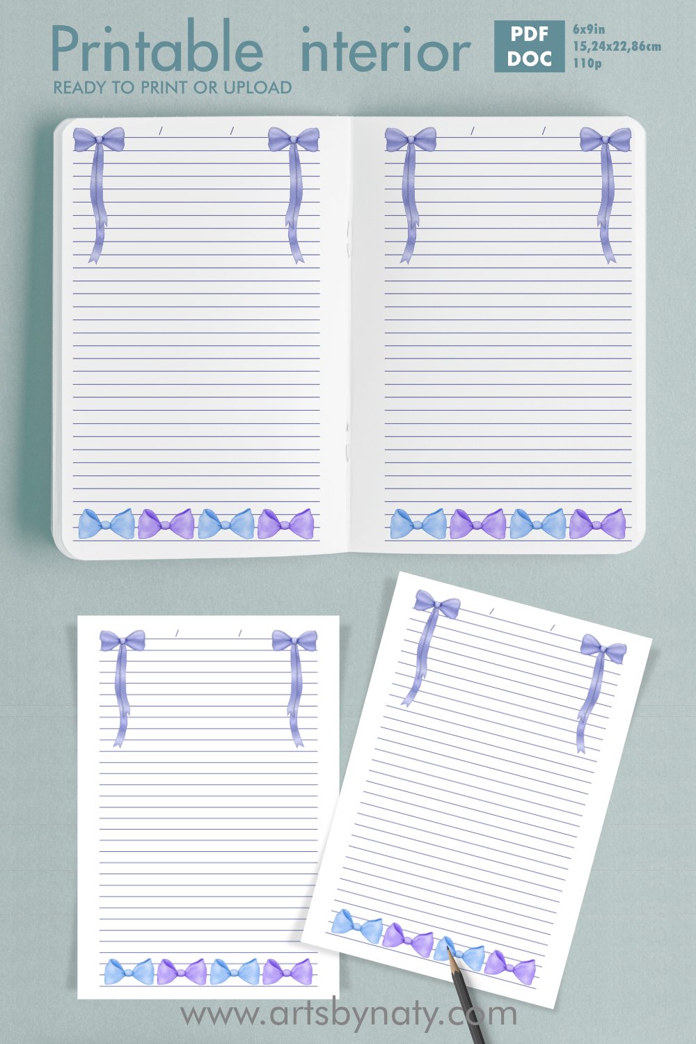 Two Ribbon Journal Feminine lined journal with bows and ribbons.