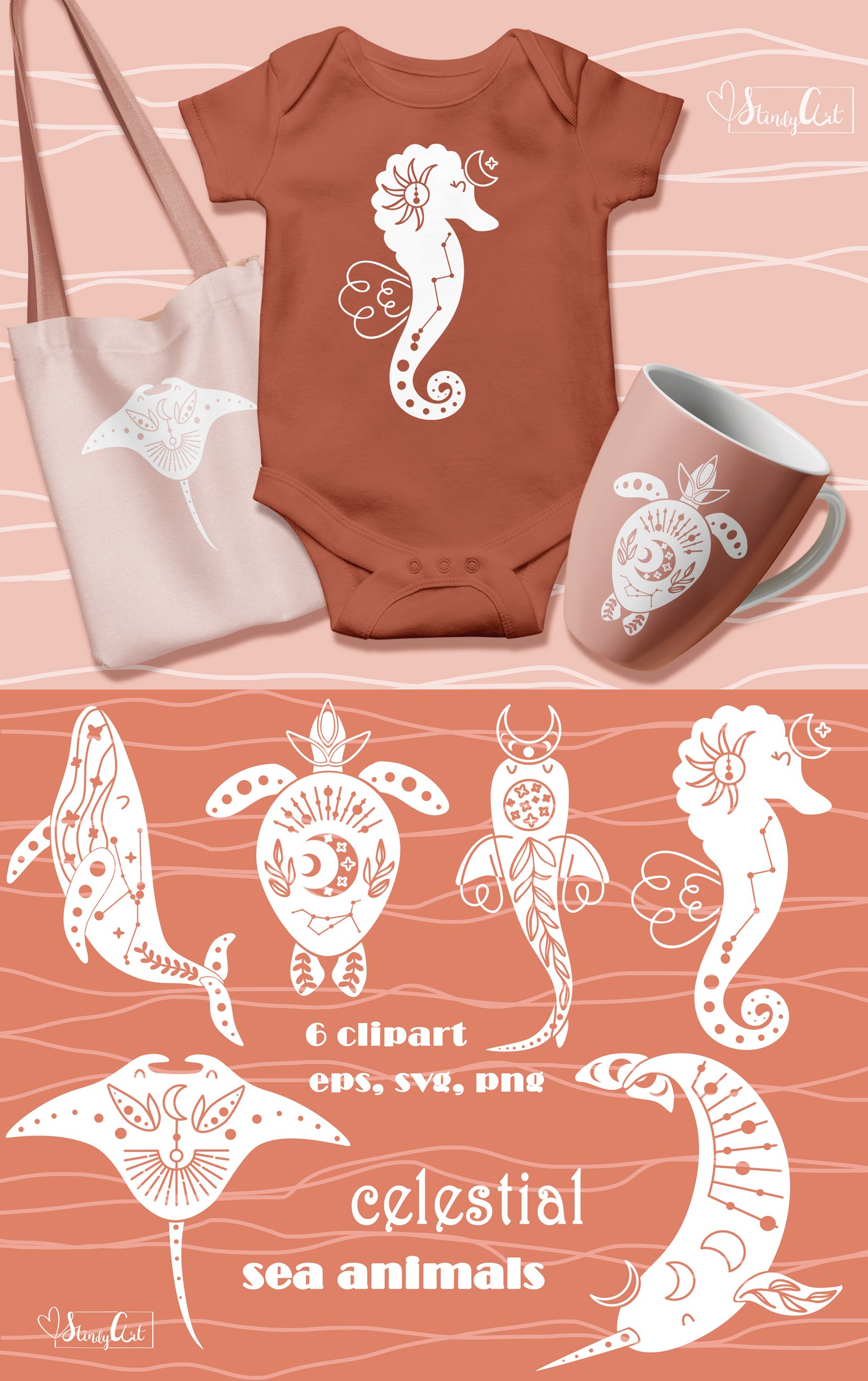 Boho sea animals - SVG/PNG files with clipart for (1319714)