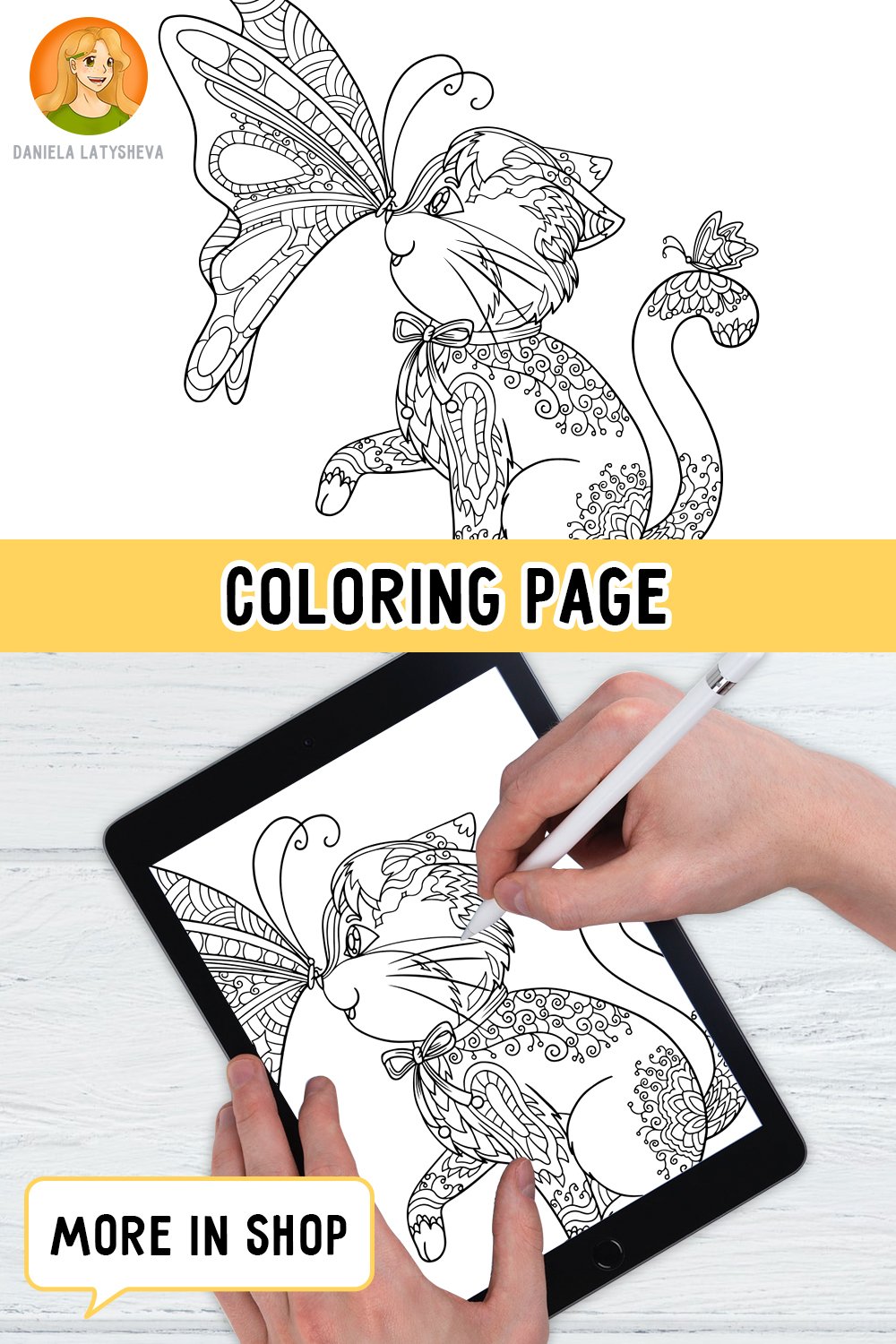 Coloring book page Cat with butterfly with doodle elements