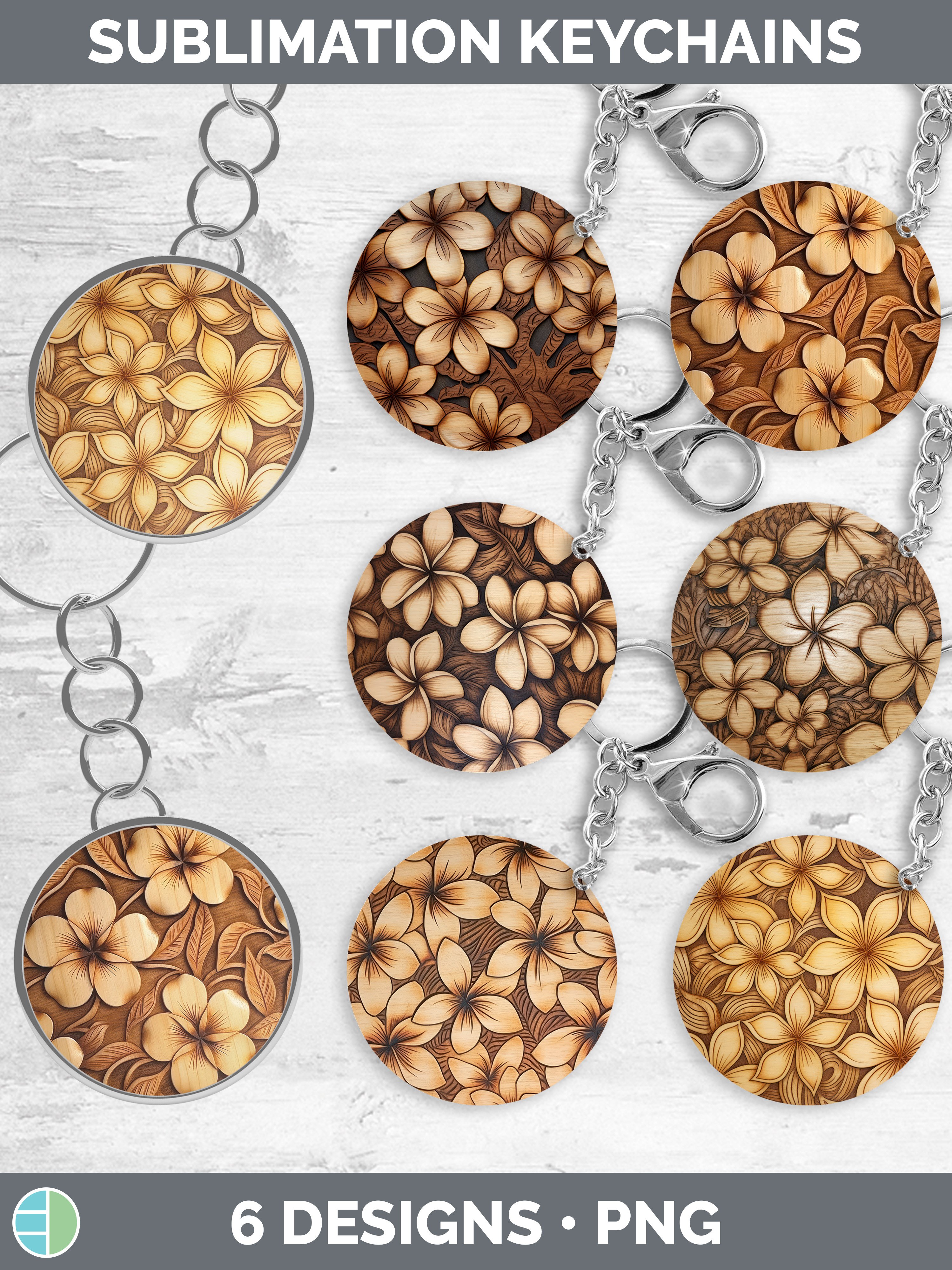 Wood Burned Plumeria Flowers Keychain Sublimation Keyring