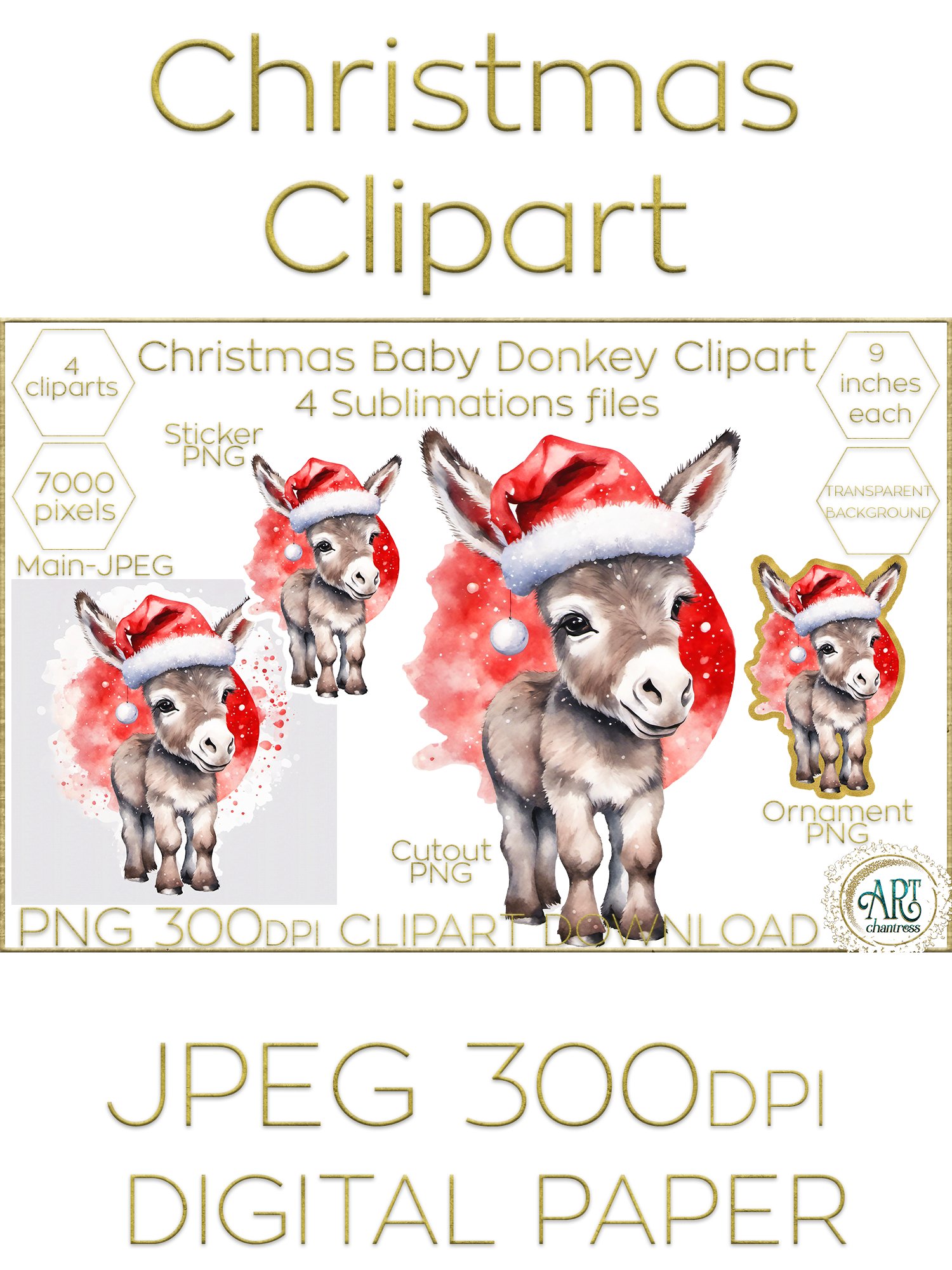 Sweet Christmas Donkey Clipart Watercolor Xmas Illustration