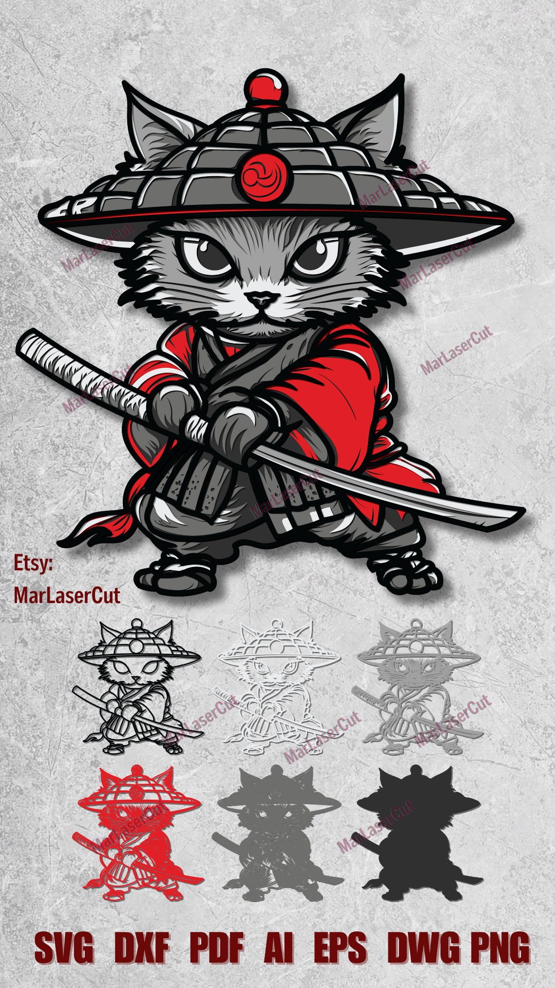 Multilayer Cat Samurai Ninja SVG Laser Cut File 3D Layered