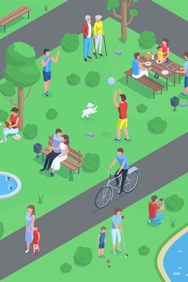 Isometric city park landscape with people doing outdoor acti