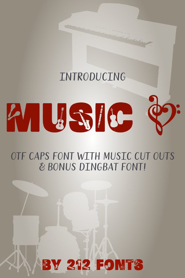 212 Music Caps Display Font Instruments Notes Alphabet OTF