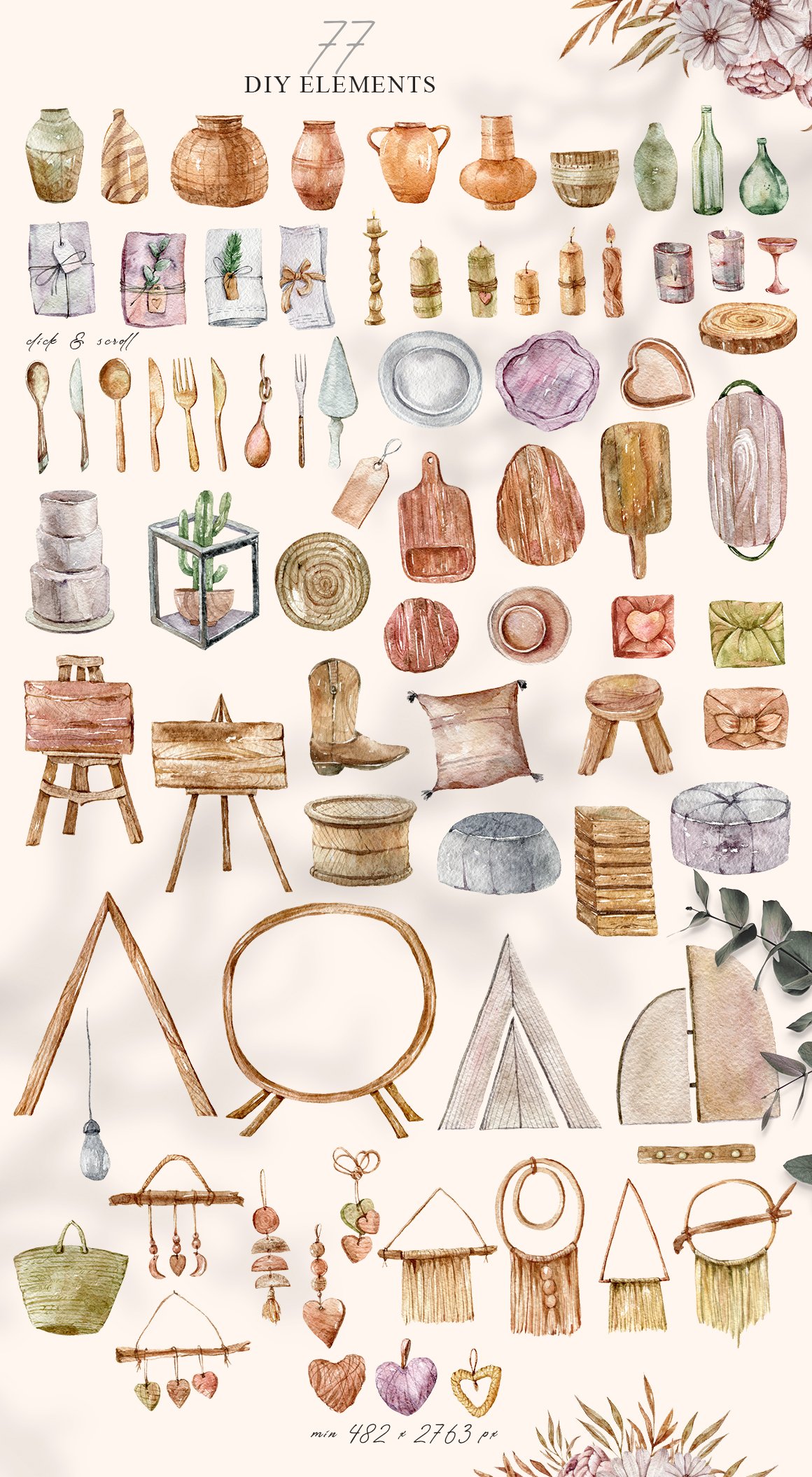 Watercolor boho floral wedding decor clipart- 77 png files