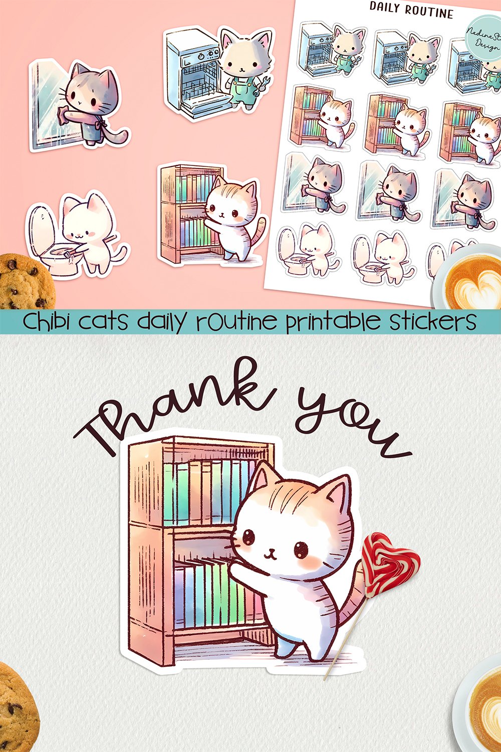 Daily Routine Chibi Chibi cats Daily routine printable stickers. PNG. (2925938)