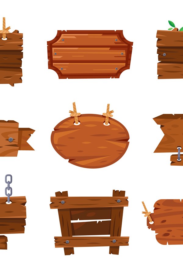 Cartoon wood boards signs and brown wooden banners. Timber p