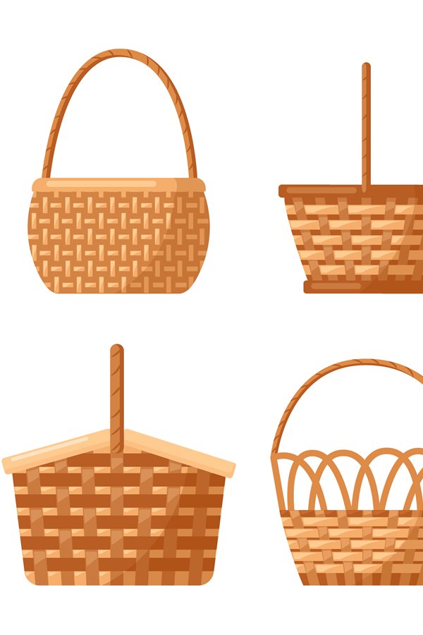 Wicker baskets. Picnic willow baskets, empty straw hampers,