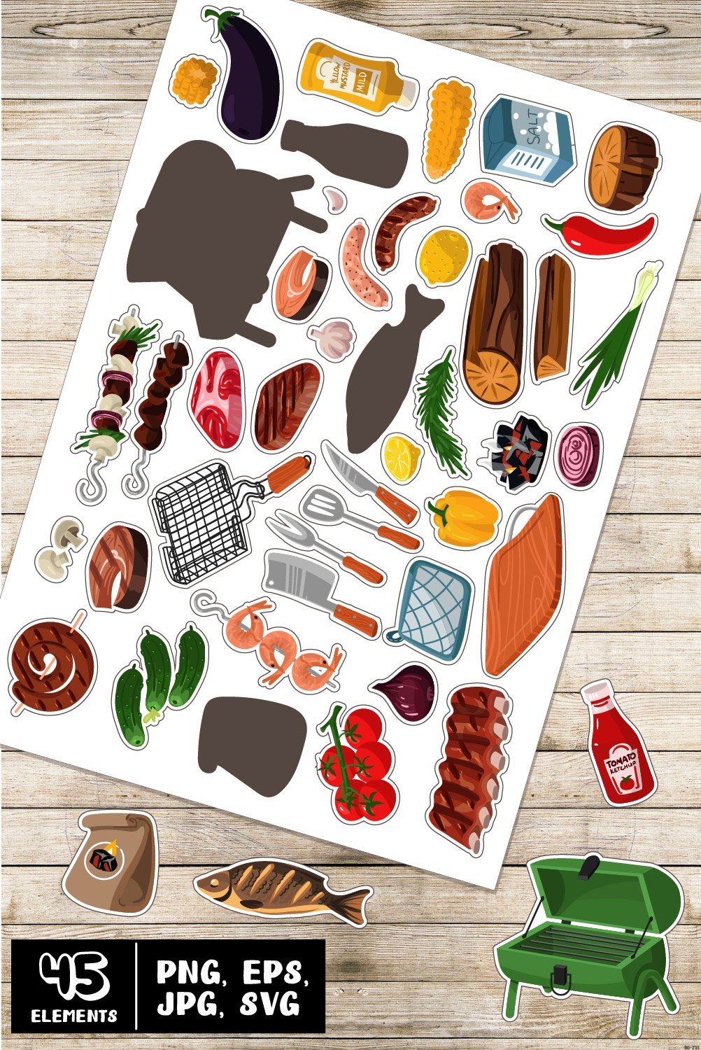 Sticker pack on the topic of BBQ. Roast meat, vegetables