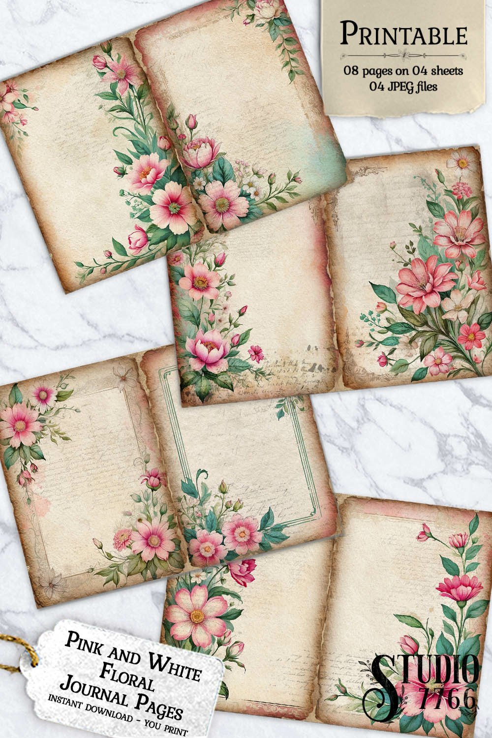 Pink and White Floral Junk Journal Pages