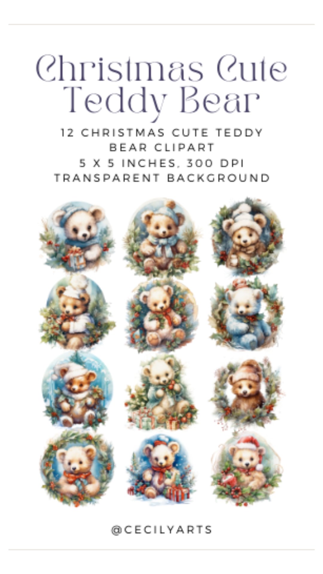 12 Watercolor Christmas Cute Teddy Bear Clipart