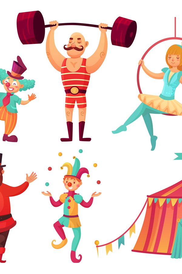 Circus characters. Juggling animals, juggler artist clown an