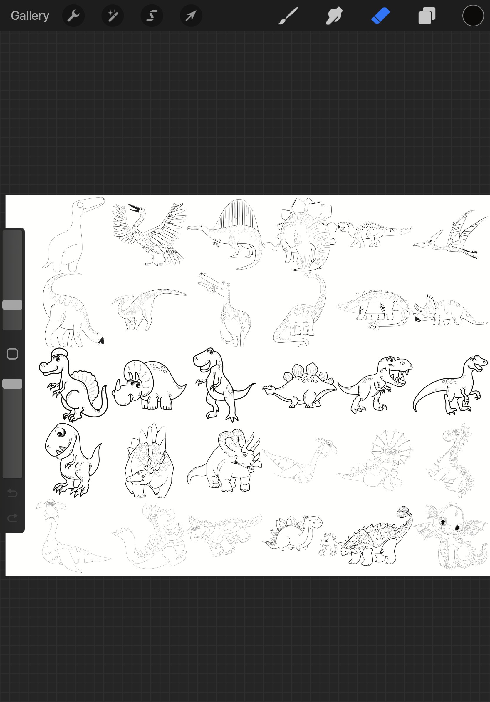 Cartoon Dinosaurs Outlines Set 6 Procreate Brush Stamps, 30