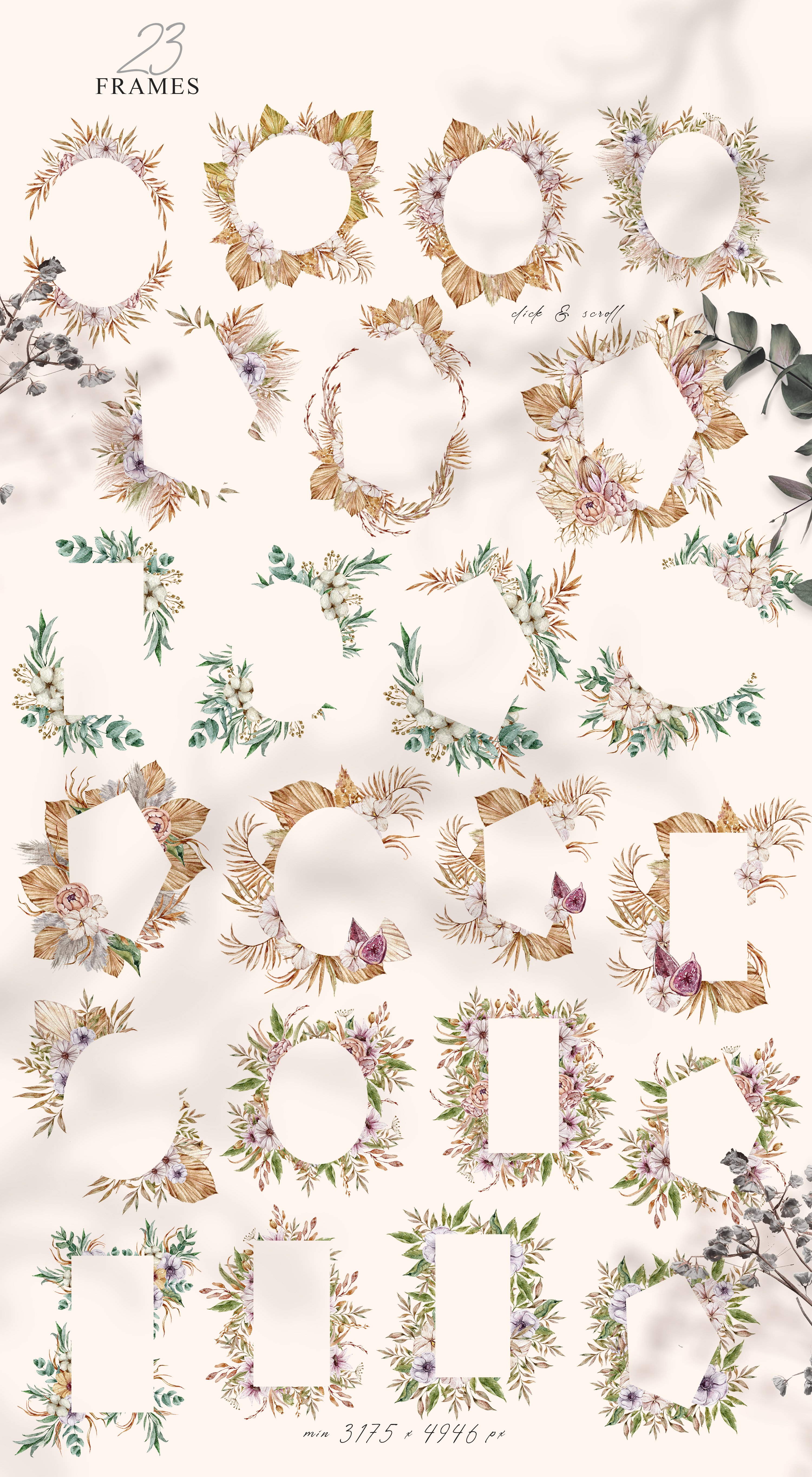 Watercolor wedding floral boho frames clipart- 3 png