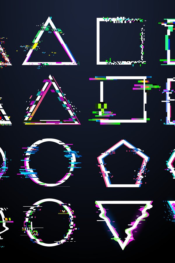 Glitch white frames. Distorted circle, square and triangle a