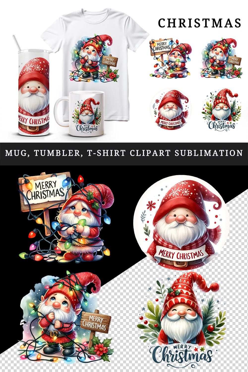 Merry Christmas gnome tumbler mug wrap clipart sublimation