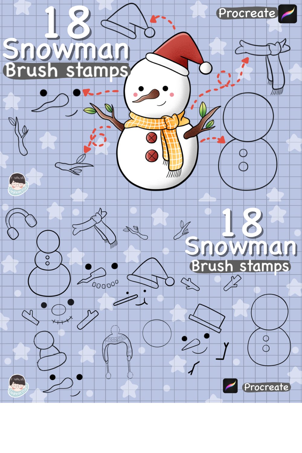 18 Christmas Procreate Stamps Snowman