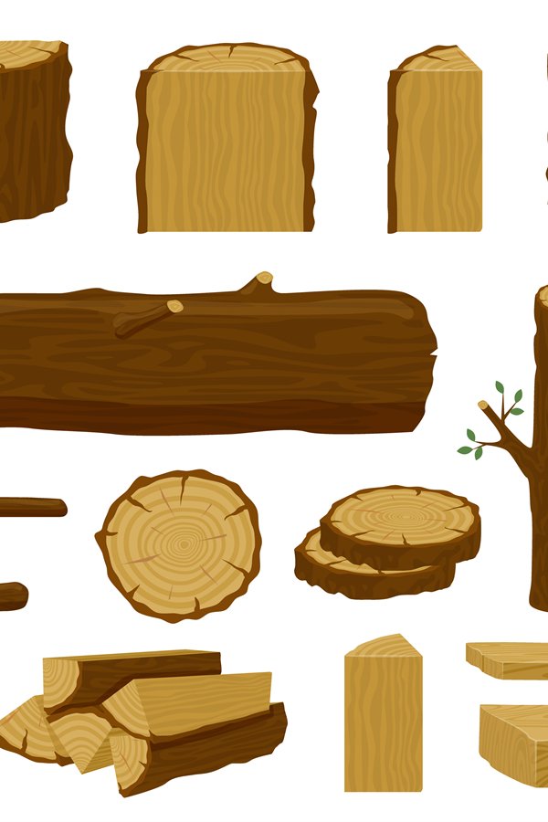 Wooden timbers. Tree trunk, woodwork planks and logging twig