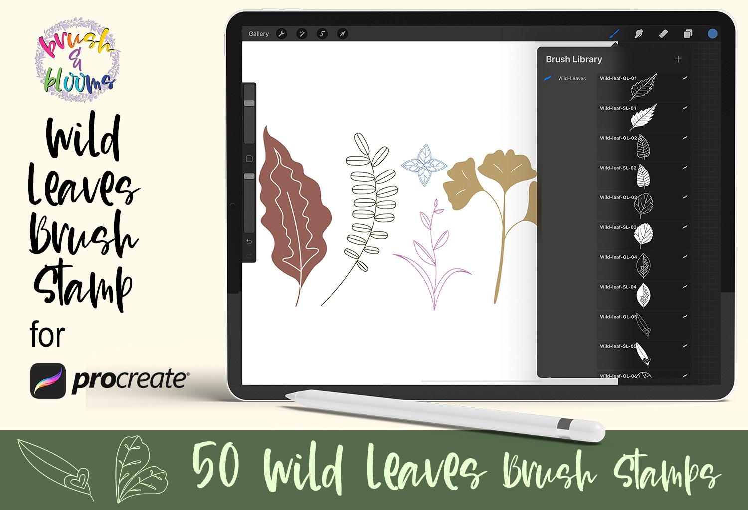 Procreate Stamp Brush Kit - 50 Wild Leaves Brush (1340677)