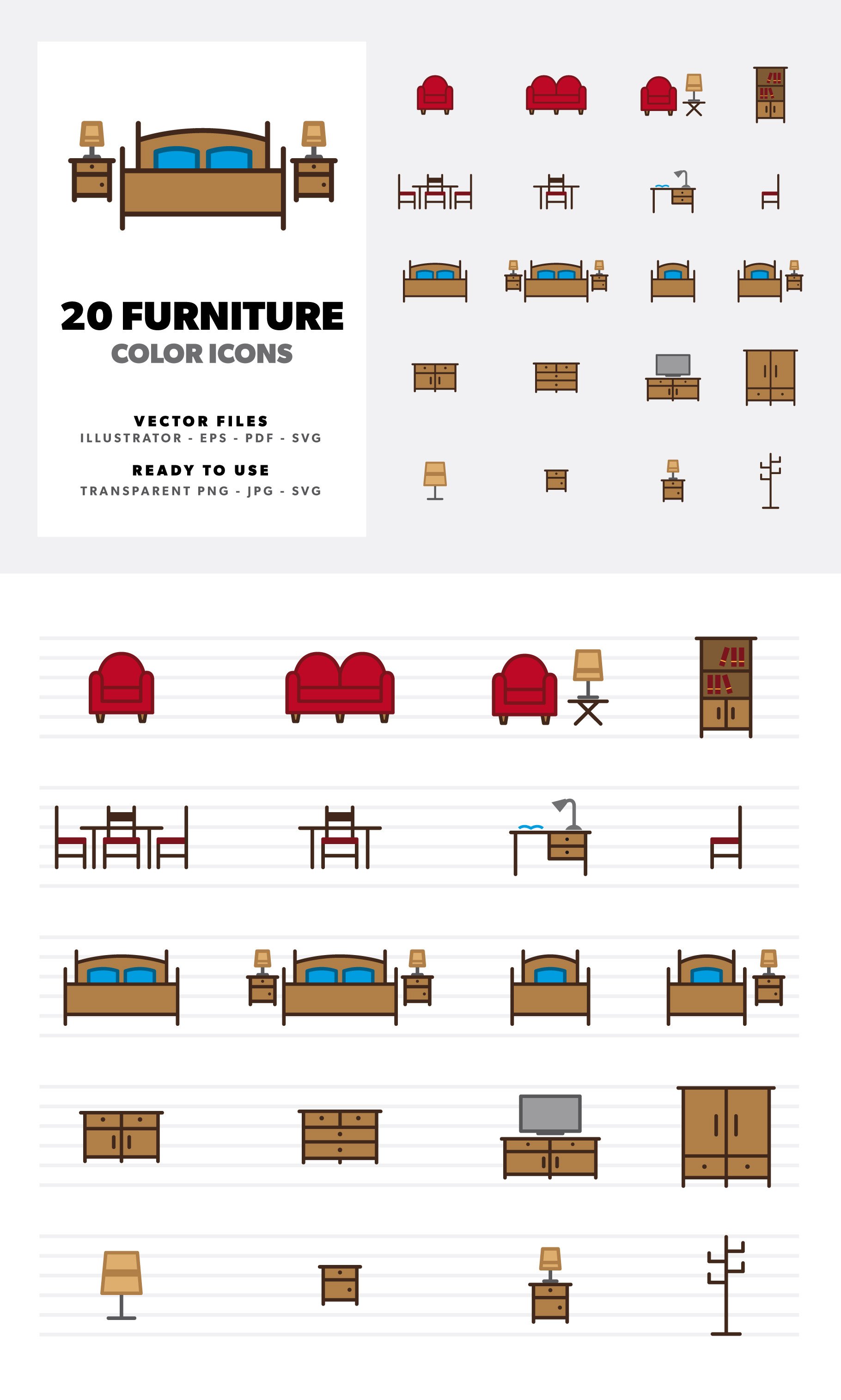 20 Furniture Color Icon Set