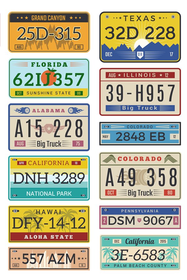 Car plates. Highway automobile numbers old retro sty