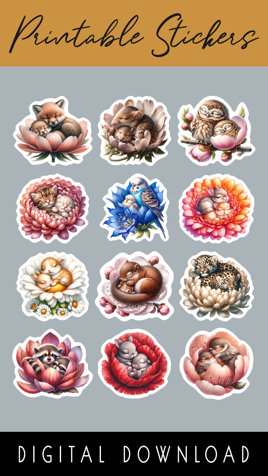 Cute Baby Animals Printable Stickers, Mothers Day (3468810)