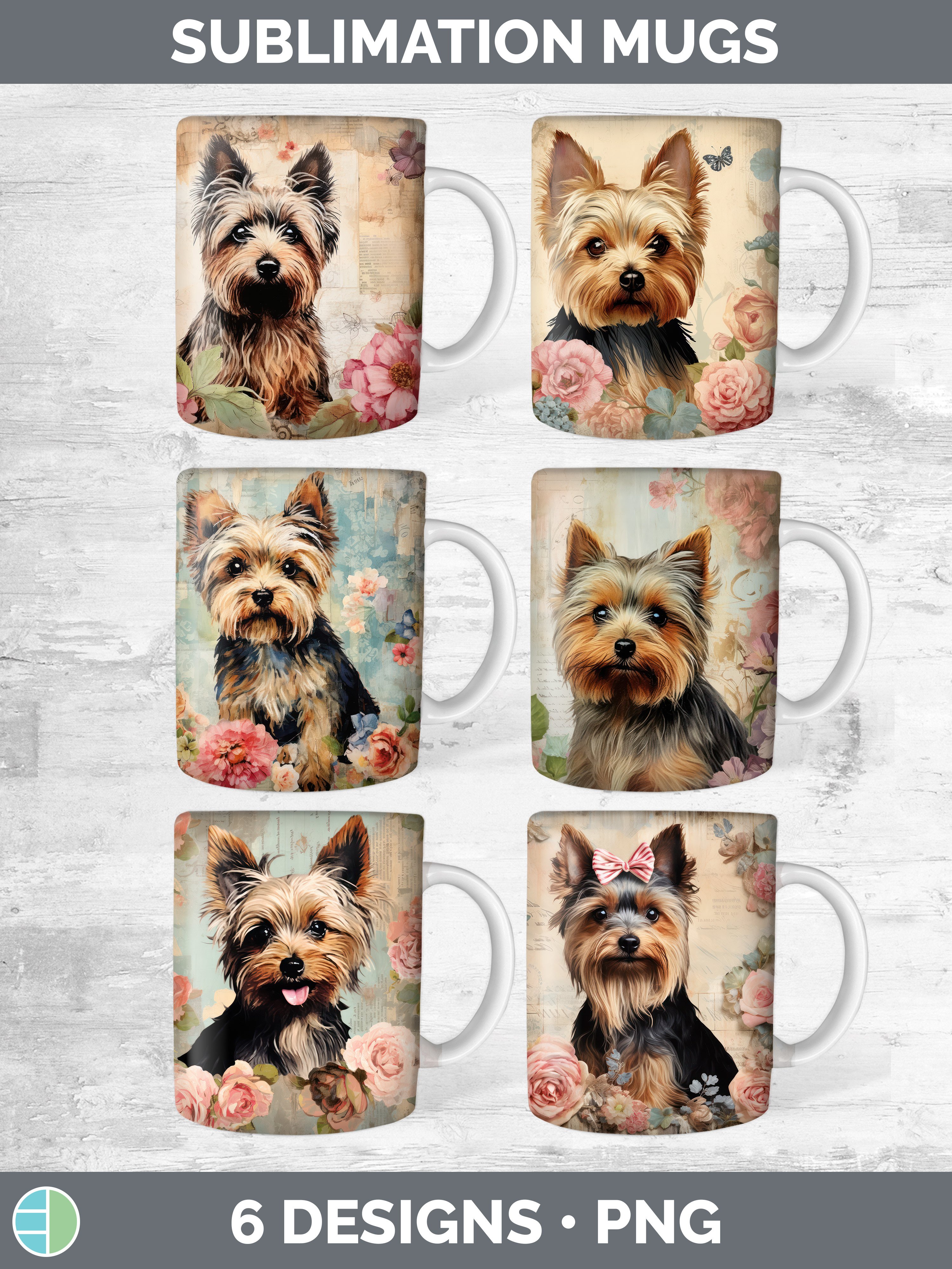 Vintage Yorkshire Terrier Dog Mug Wrap | Sublimation Coffee