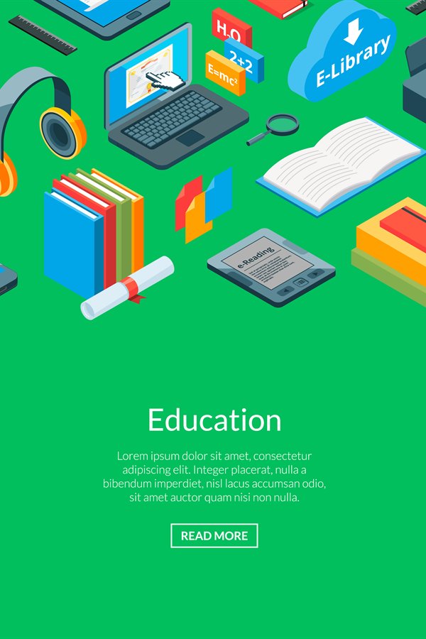 Vector isometric online education icons background
