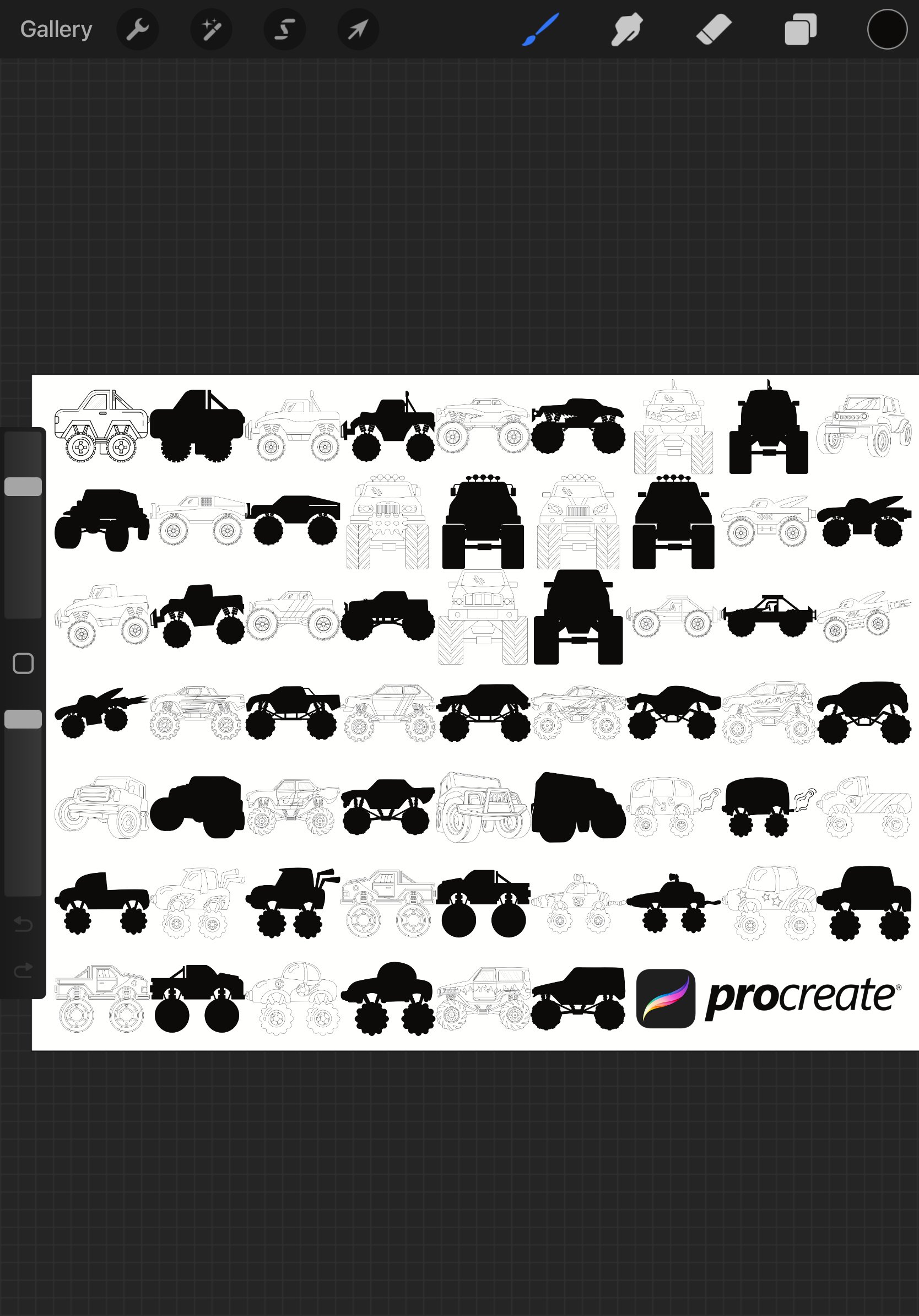 Monster Trucks Outlines & Silhouettes Set 1 Procreate Brush