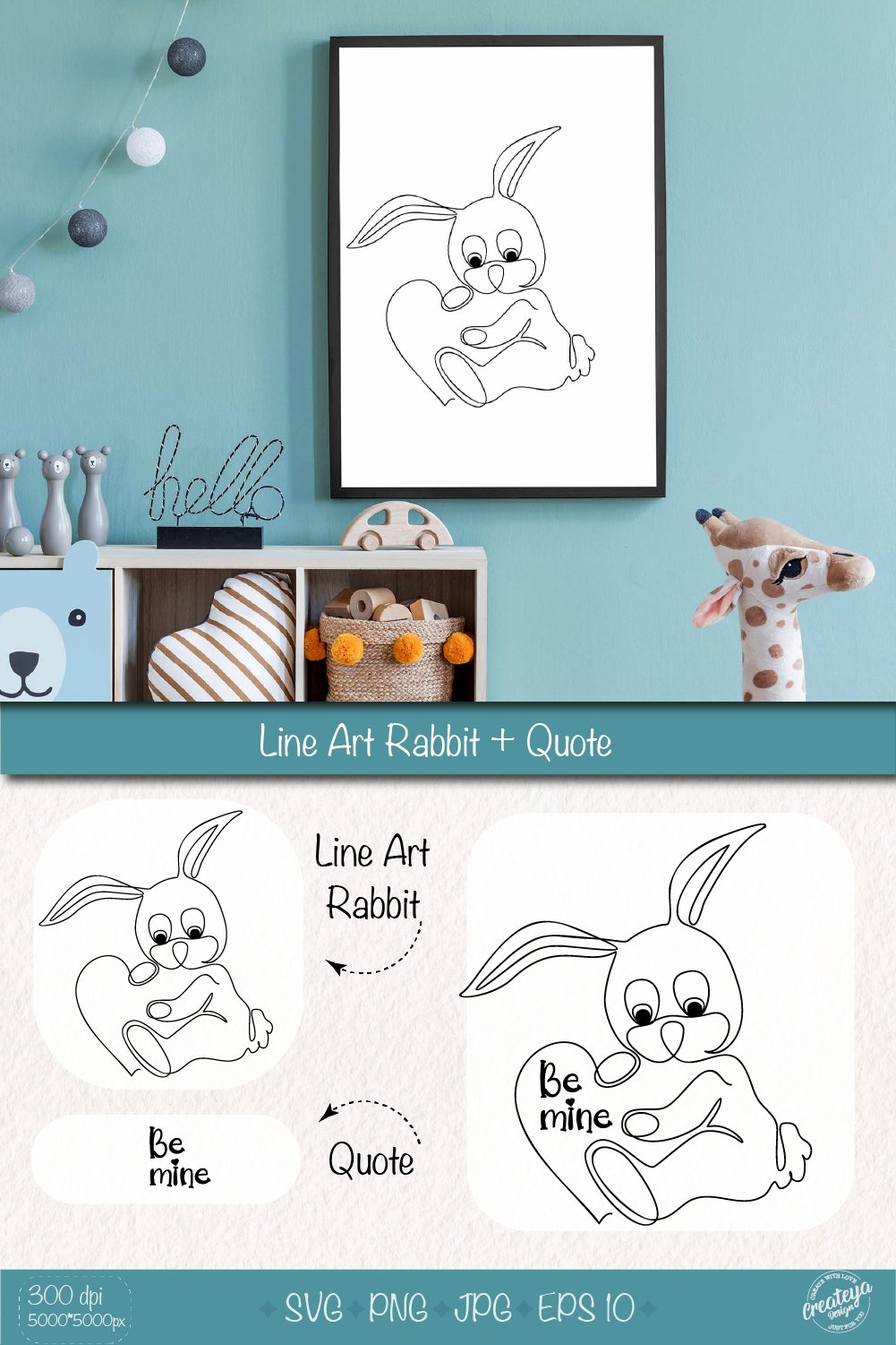 Rabbit svg, Line Art SVG illustration, Valentines day quotes