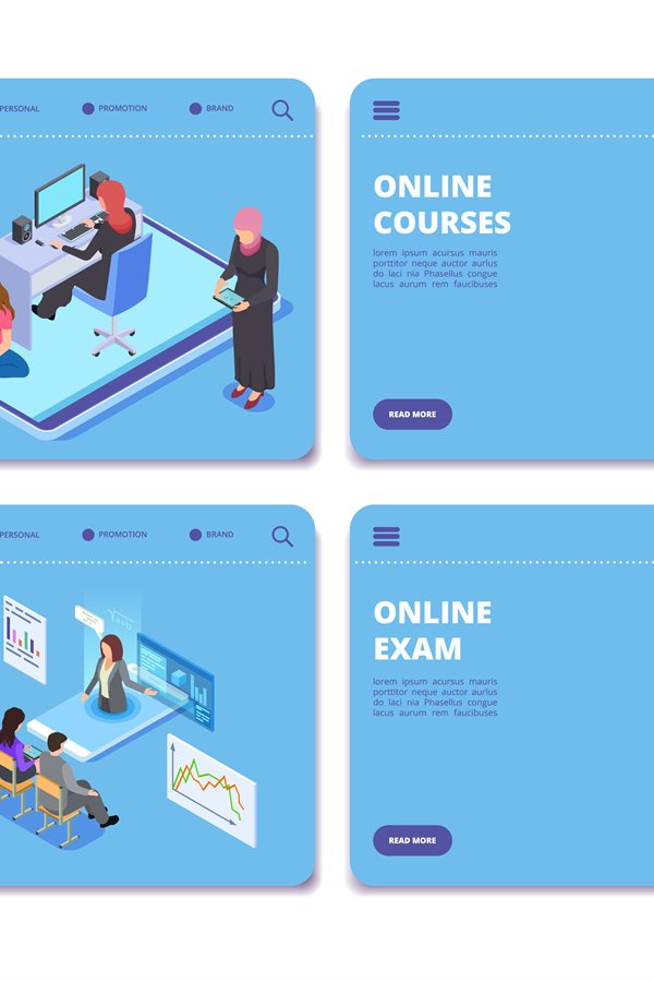 Online education isometric vector concept pages. Online exam
