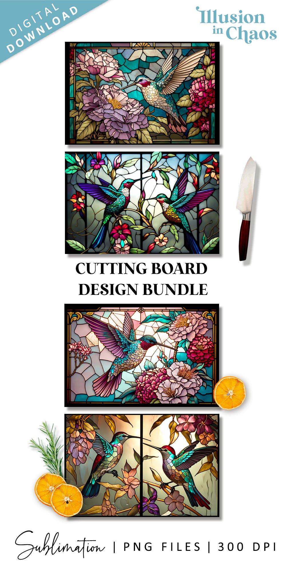 Floral Hummingbird stained glass Cutting board design bundle