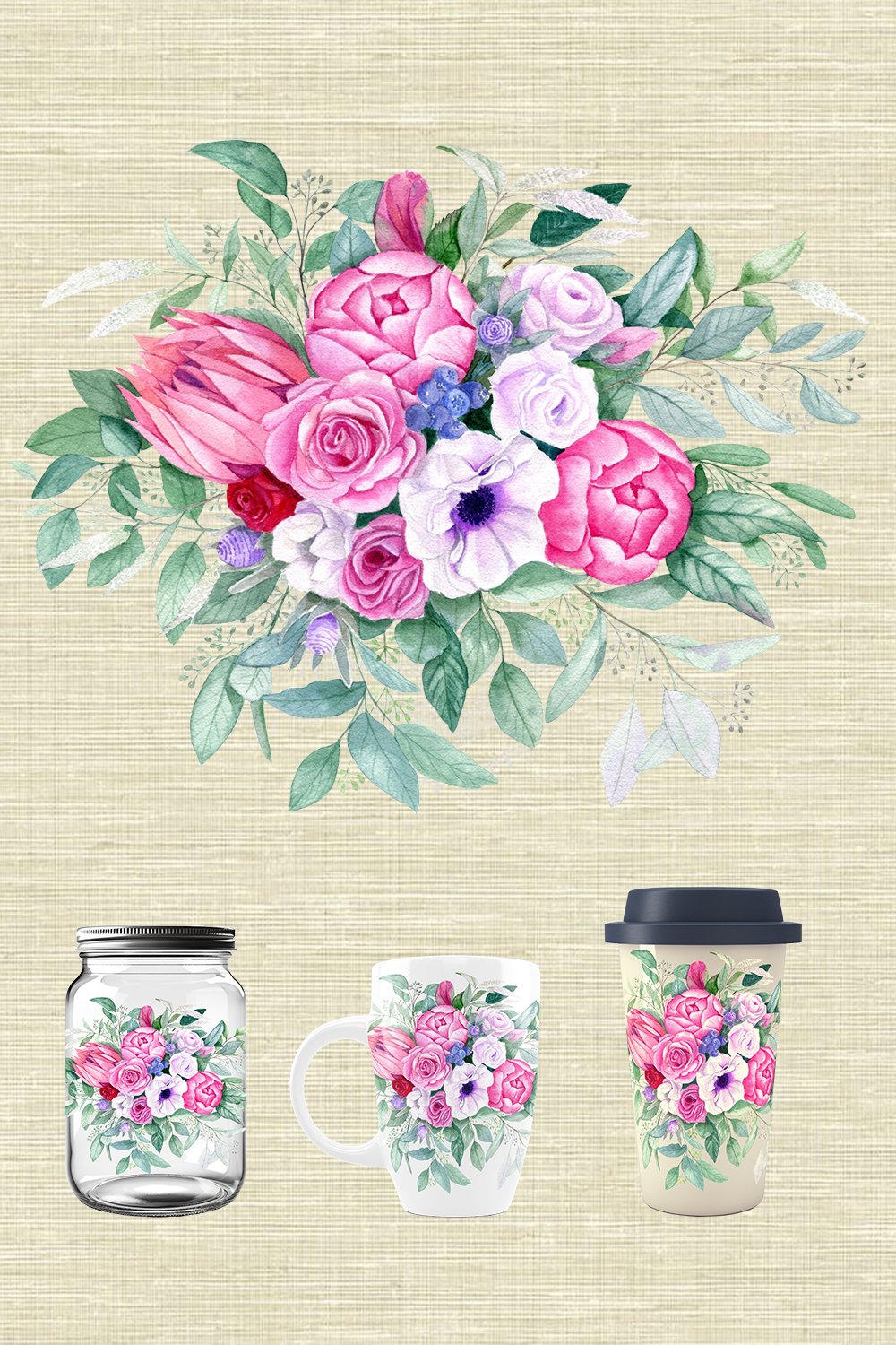 Watercolor bouquet with pink and white flowers and leaves.