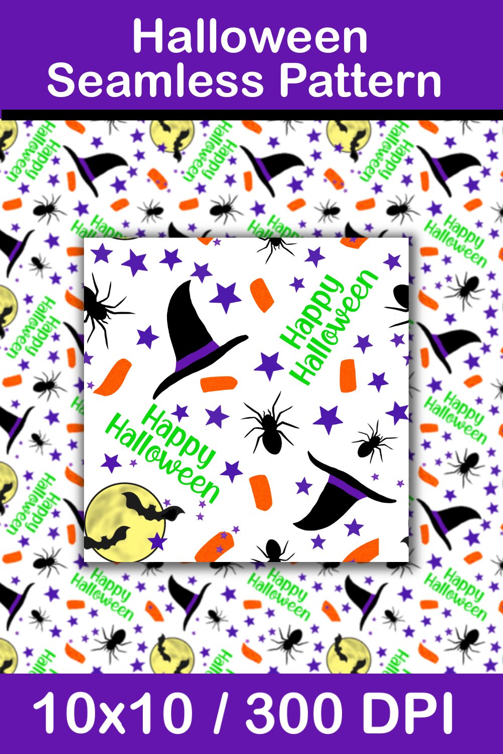 Halloween Seamless Pattern with Witch Hats, Bats and Spiders