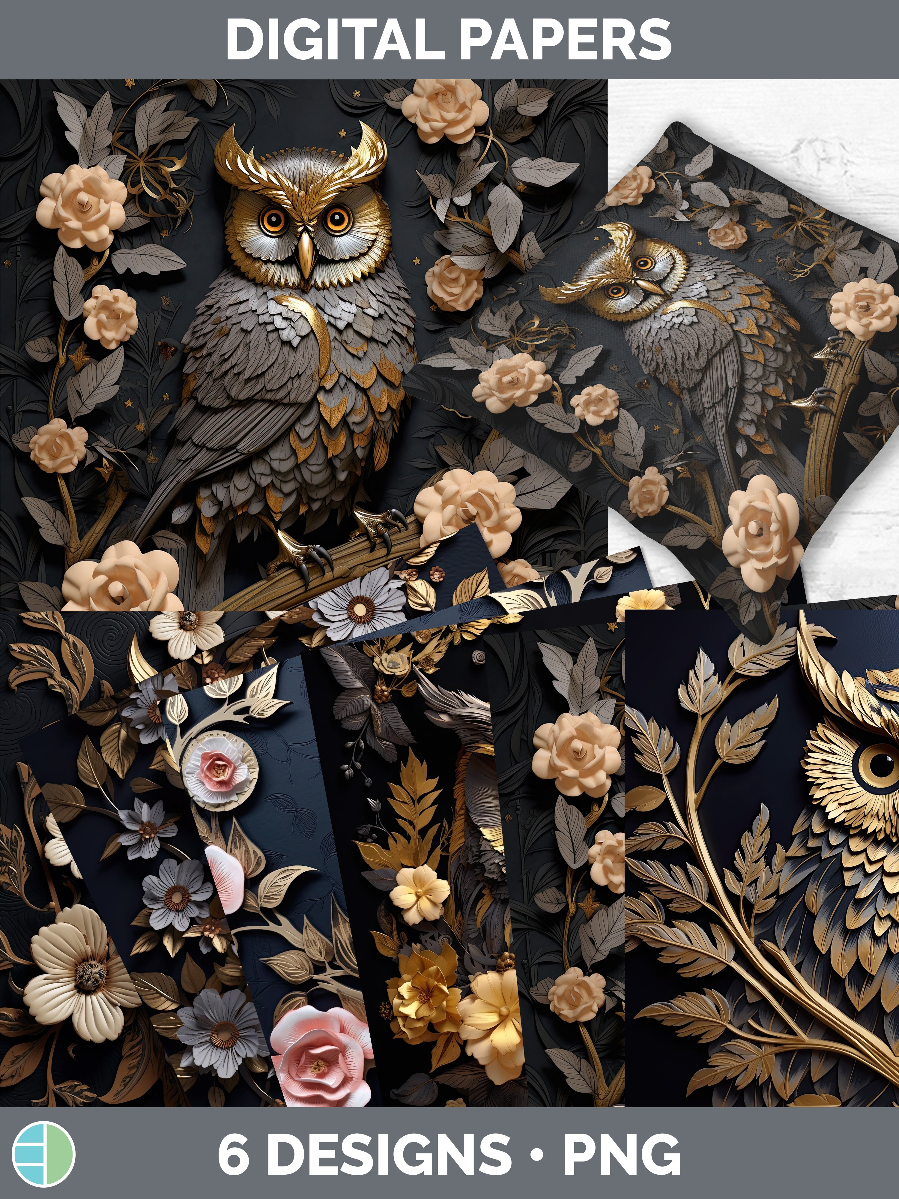 3D Black and Gold Owl Bird Paper Backgrounds | Digital Scrap