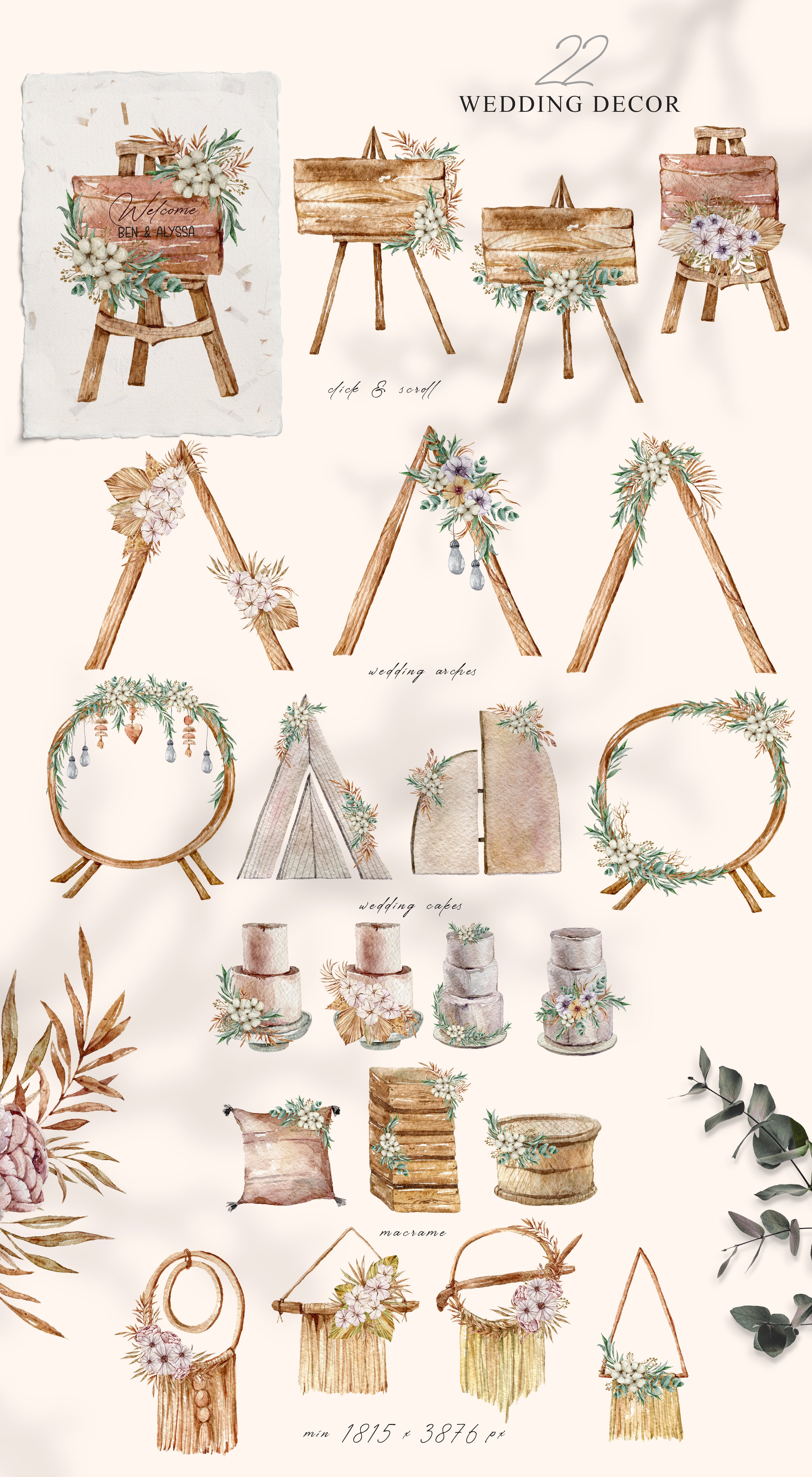 Watercolor boho floral wedding decor clipart- 22 png files
