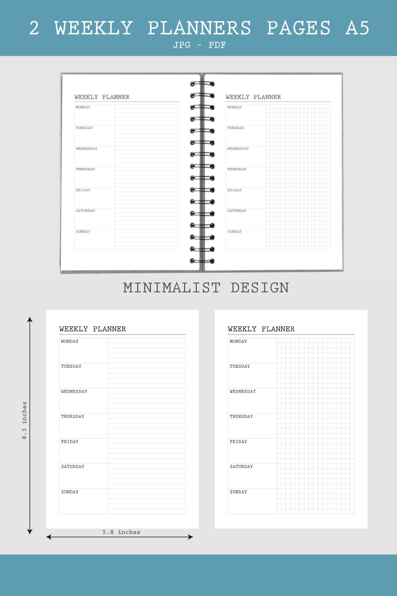 2 Weekly Planner bullet journal pages printable A5