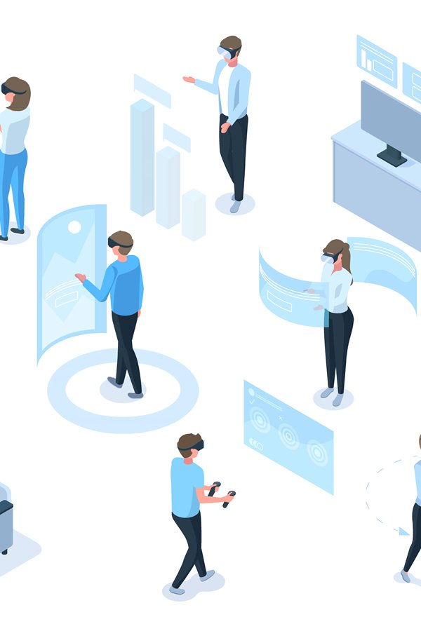 Isometric people in headsets use virtual reality simulators.