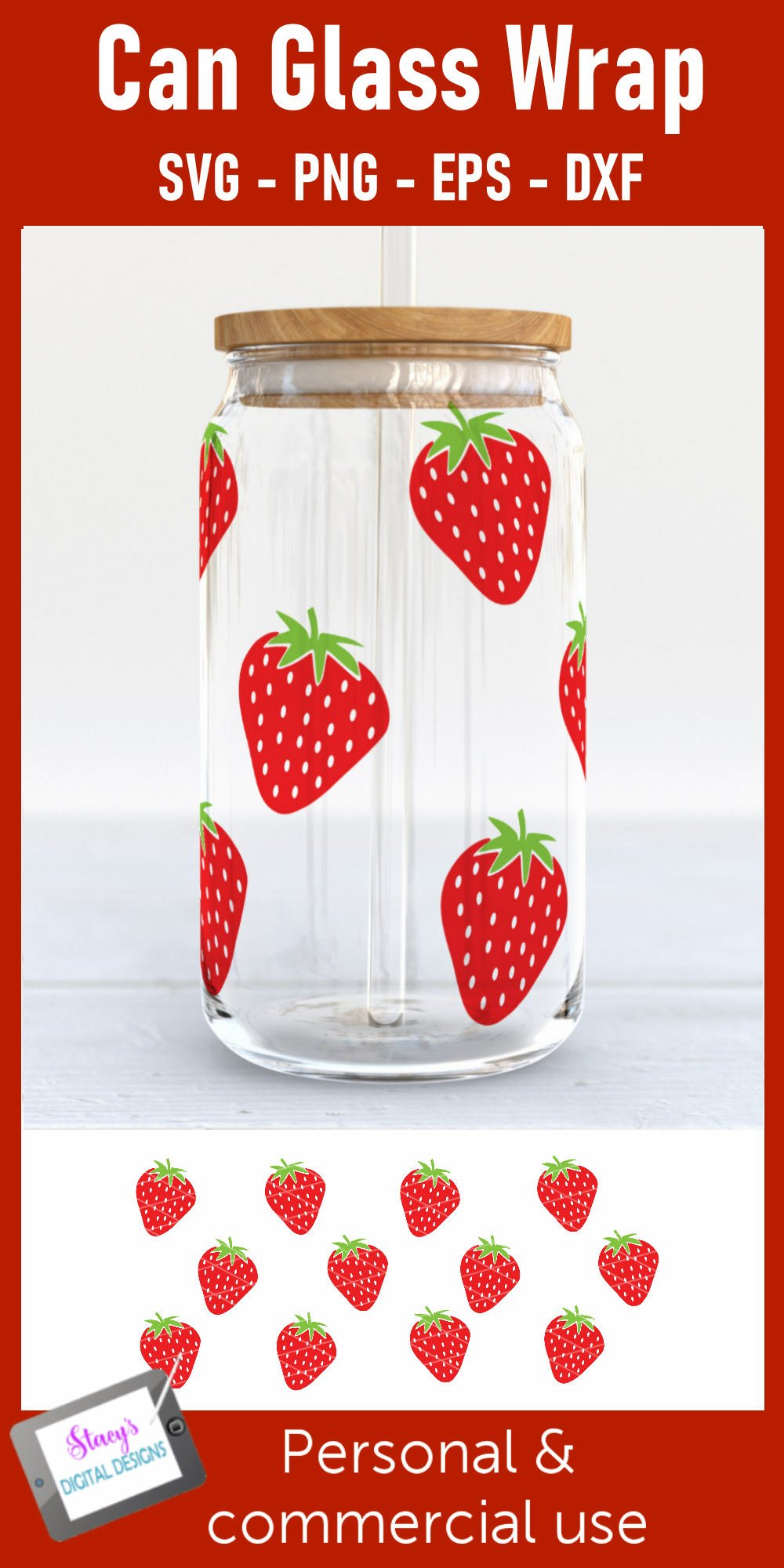 Strawberry Libbey Can Glass Wrap SVG | 16 oz. Can Glass SVG