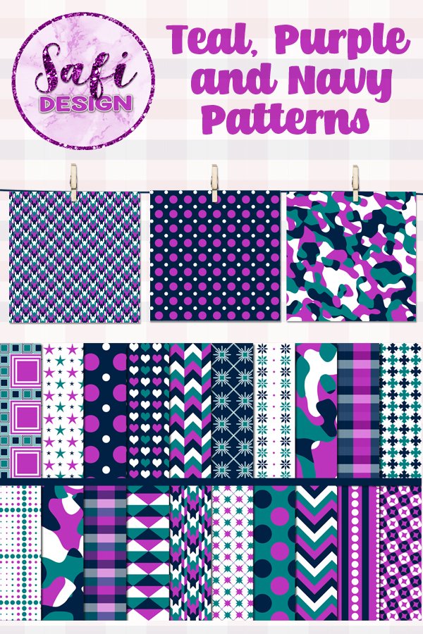 Digital Paper Backgrounds - Teal, Purple and Navy Patterns