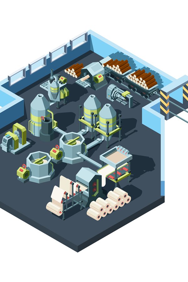 Paper production factory. Industrial interior with machines