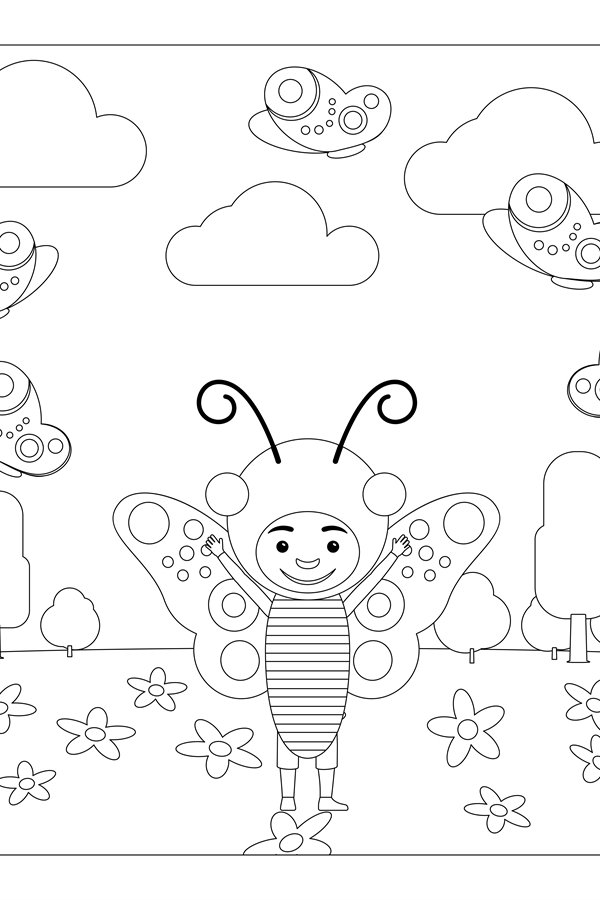Kid in butterfly dress coloring page