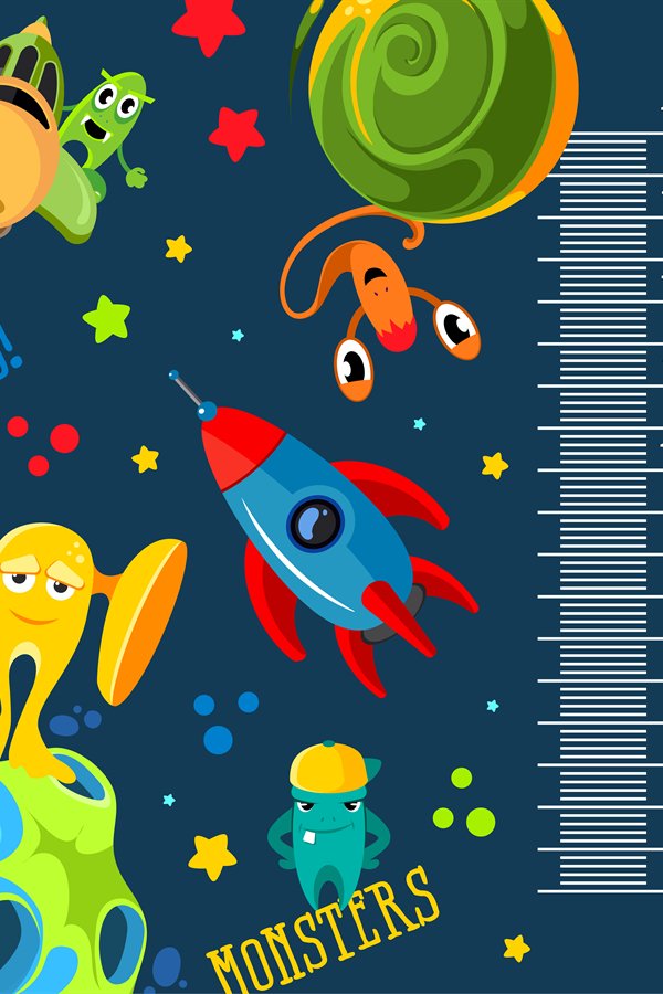 Funky monsters with a rockets and planets in space. Stadiome