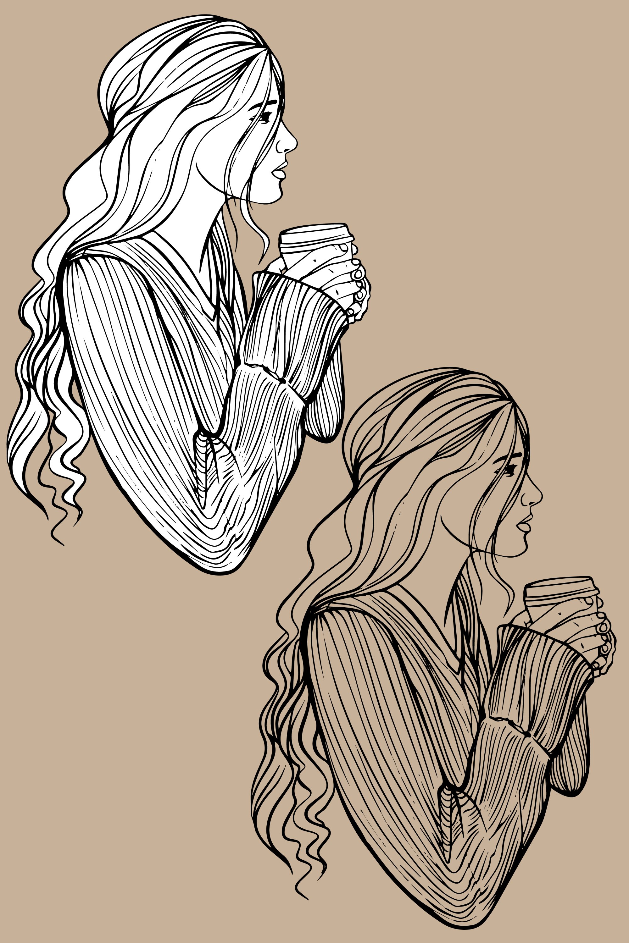 Girl drinking coffee Coloring Pages KDP Graphic vector